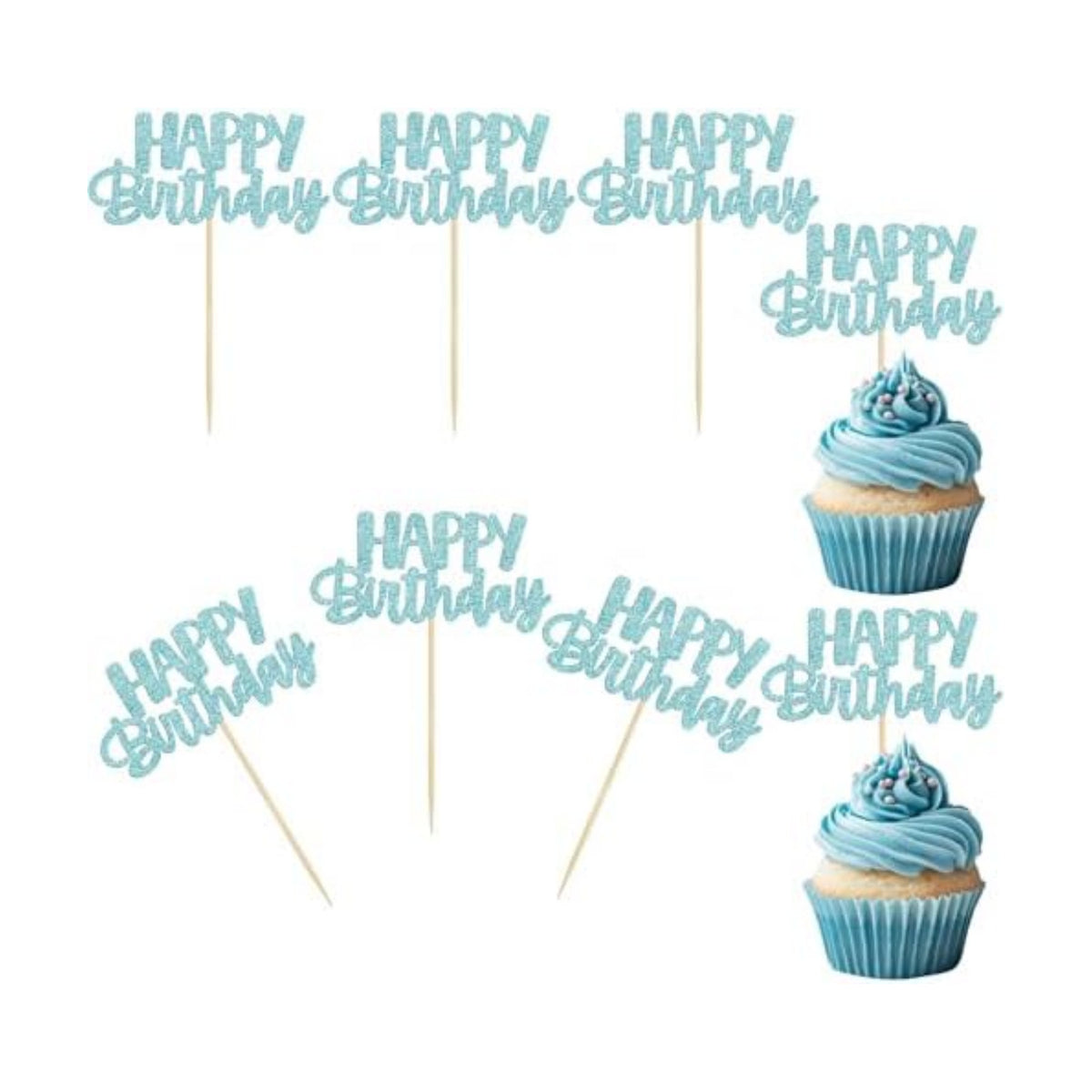 Gyufise 24Pcs Happy Birthday Cupcake Toppers Glitter Birthday Cupcake Food Picks for Celebrating Happy Birthday Party Cake Decorations Supplies Light Blue