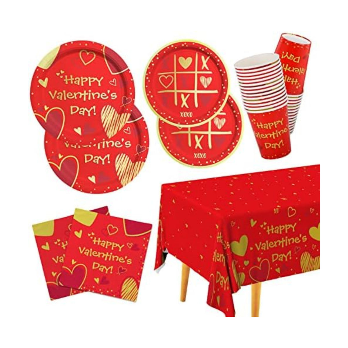 Valentine's Day Party Supplies Red Heart Love Disposable Paper Plates Napkins Cups plastic Tablecloth for Valentine's Day, Engagements, Anniversary, Birthday Party Serve 25