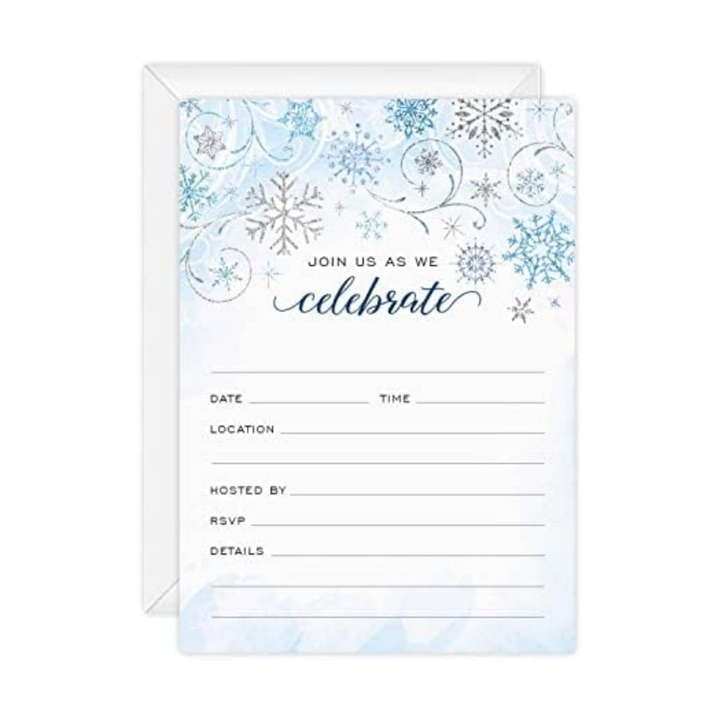Canopy Street Faux Glitter Winter Party Fill In Invitations / 25 Snowflake Invites With White Envelopes / 5" x 7" Elegant Snow All Occasion Event Invites/Made In The USA