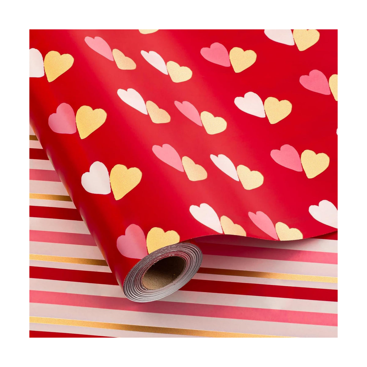 MAYPLUSS Reversible Valentine's Day Wrapping Paper Roll - 17 Inch X 33 Feet - Red Gold Foil Double Love Heart Design Lover Gift Wrap for Valentine’s Day, Birthdays, Wedding, Anniversaries and Holiday