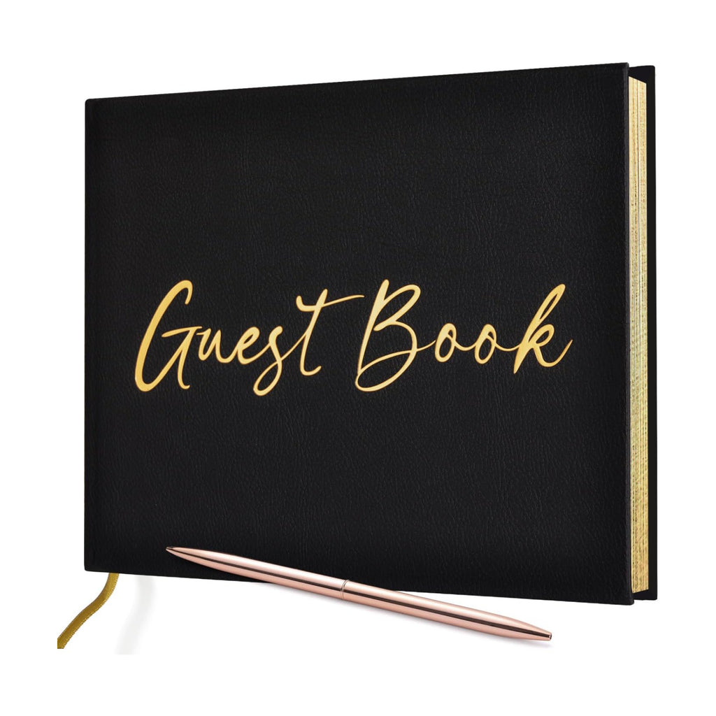 JUBTIC Black Guest Book for Graduation Party Guest Sign in Book with Pen for Reception, Wedding, Baby Shower, Birthday, Shower, Funeral, 100 Pages with Gilded Edges and Gold Foiled Cover -7×10″