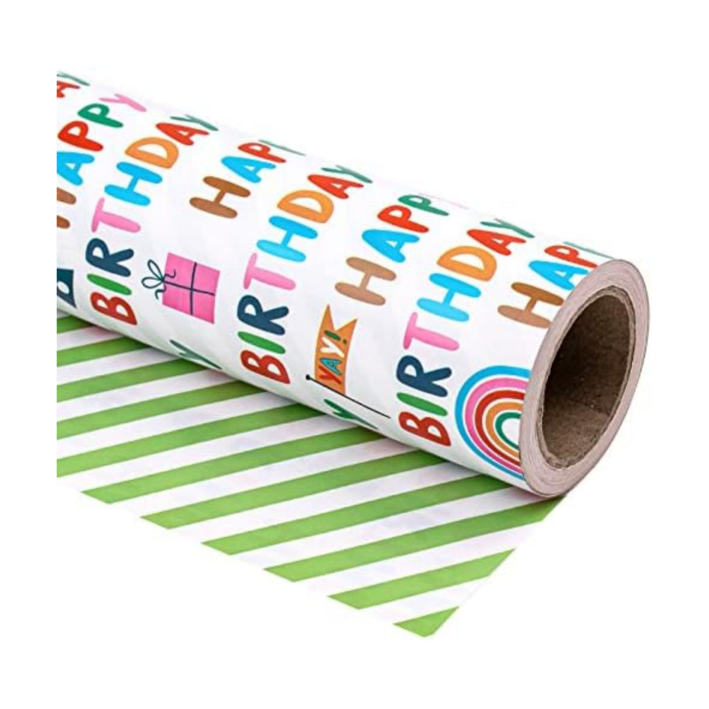 WRAPAHOLIC Reversible Wrapping Paper - Mini Roll - 17 Inch X 33 Feet - Colorful Happy Birthday Lettering Design, Perfect for Parties, Baby Showers