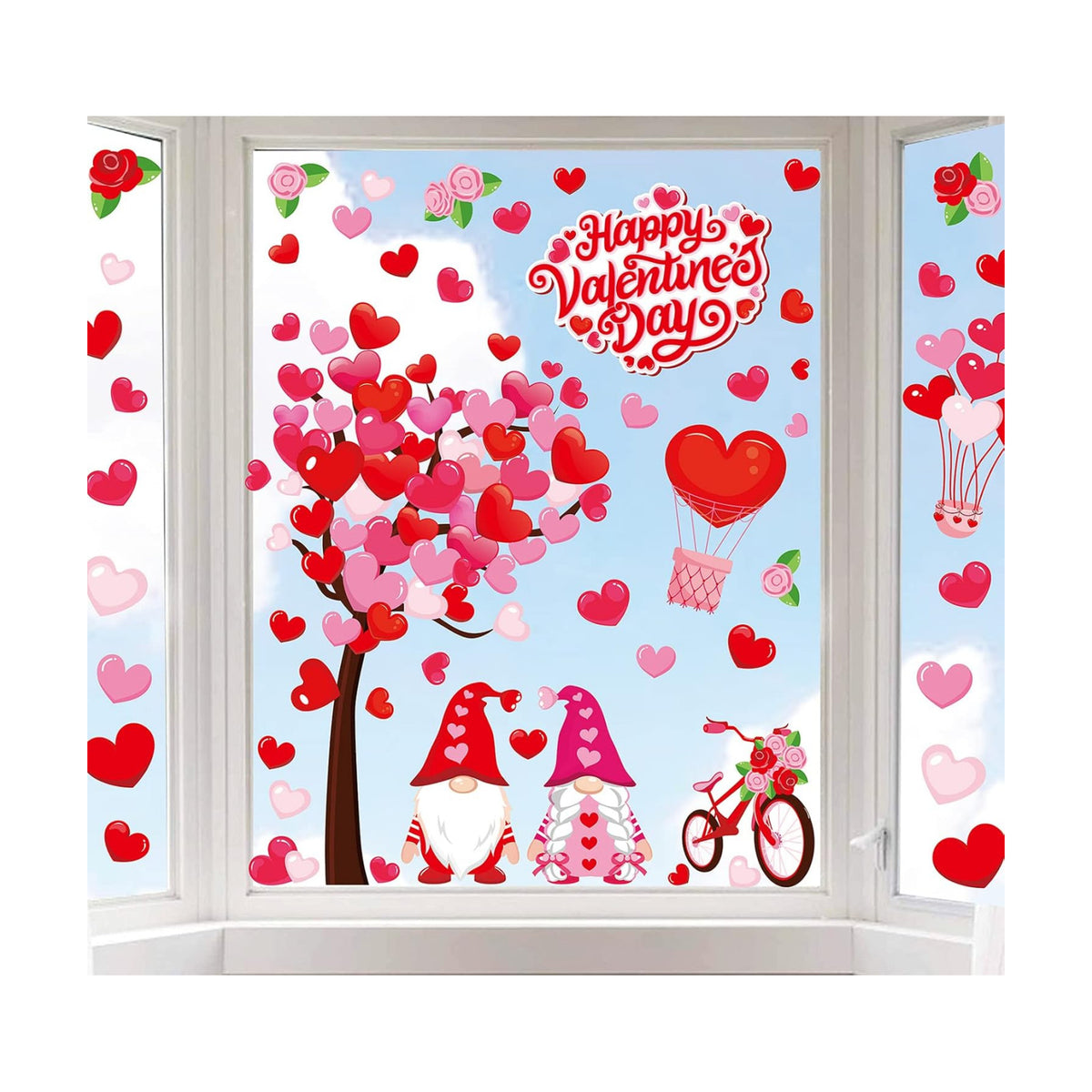 Whaline 6 Sheet Valentine's Day Window Clings Large Gnome Heart Window Decals Double-Sided Red Pink Windows Decor for Valentine's Day Wedding Anniversary Home Office School Decor Party Supplies