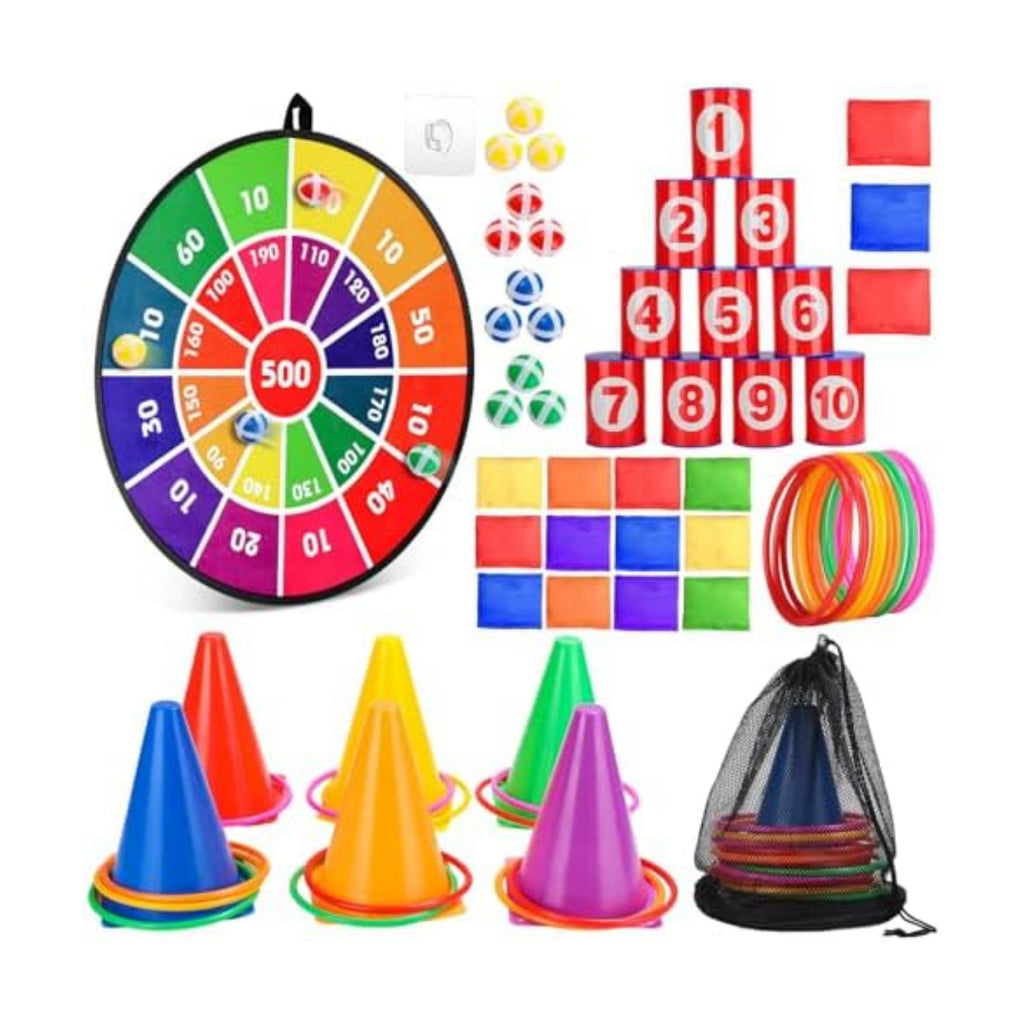Hungdao 3 Sets Carnival Games Combo Set, Dart Board with Balls Plastic Cones Ring Bean Bags Toss Game for Boys Girls Adults Family Birthday Yard Indoor Outdoor