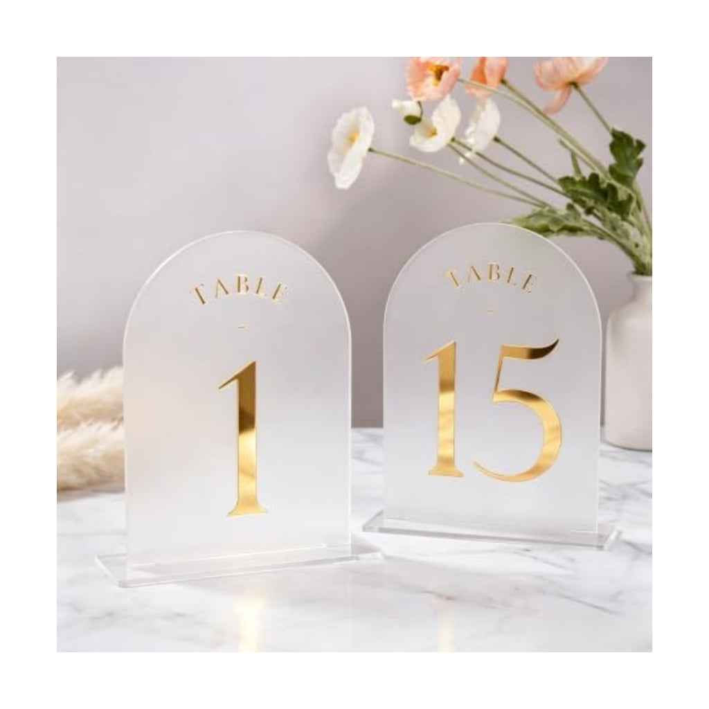 UNIQOOO Frosted Arch Wedding Table Numbers 1-15 w/Stands, Gold Foil Printed 5x7 Acrylic Display Signs &Holders, Pack of 15, Perfect for Centerpiece, Reception, Decoration, Party, Anniversary, Event