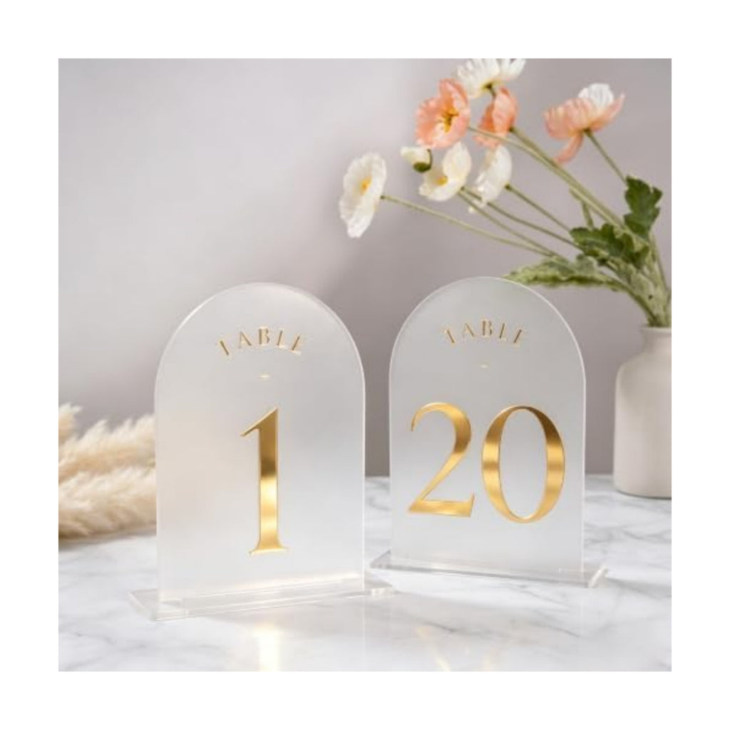UNIQOOO Frosted Arch Wedding Table Numbers 1-20, Gold Foil Printed 5x7 Acrylic Display Signs and Holders, Pack of 20, Perfect for Centerpiece, Reception, Decoration, Party, Anniversary, Event