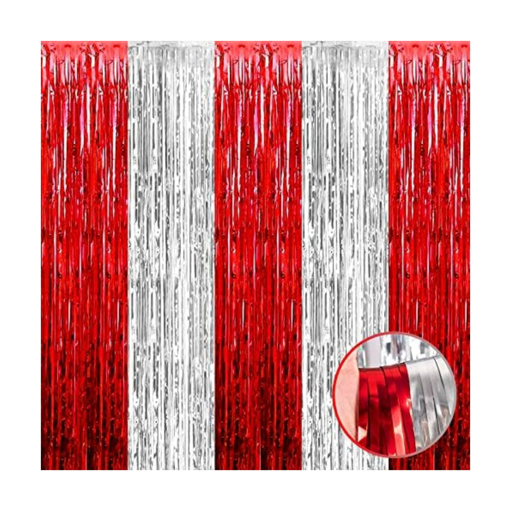 4 Pack Silver Red Foil Fringe Curtain Backdrop, 3.28Ft x 8.2Ft Metallic Tinsel Foil Fringe Streamers Curtains for Photo Booth, Wedding, Circus Welcome Carnival Birthday Party Decoration