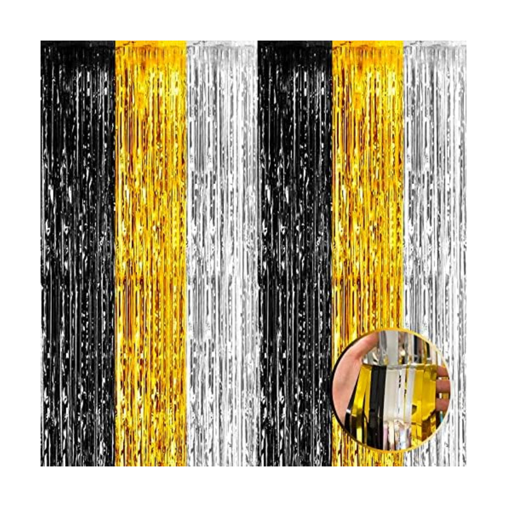 4 Pack Black Gold Silver Foil Fringe Curtain Backdrop, 3.28Ft x 8.2Ft Metallic Tinsel Foil Fringe Streamers for Photo Booth, Wedding, Notorious One Birthday Roaring 20s Graduation Party Decoration