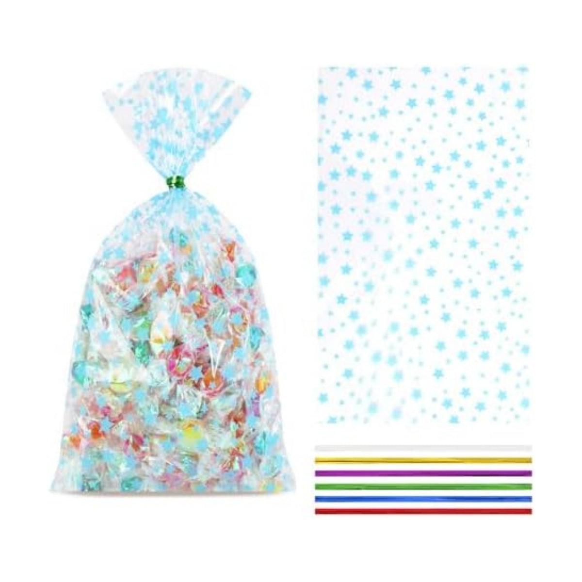 COQOFA 100 Pcs Blue Star 5"X11" Gift Wrap Cello Cellophane Treat Bags Clear Candy Cookie Plastic Poly Goodie Storage Bags with Twist Ties for Baby Shower, Gender Reveal, Birthday