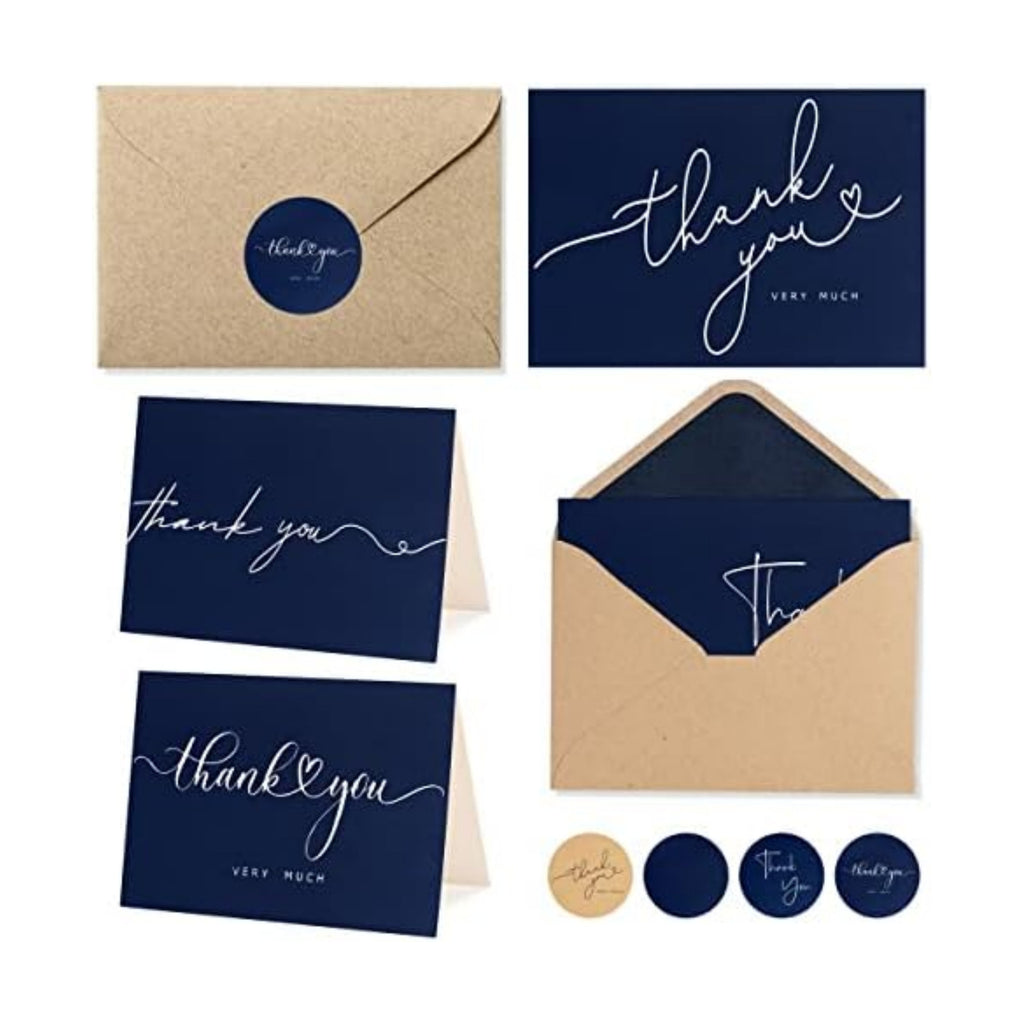 100 Bulk Navy Thank You Cards with Kraft Envelopes and stickers - 4 Minimalistic Designs Blank Thank You Notes with Envelopes Matt for business Wedding Bridal Gift Baby Shower Business Graduation
