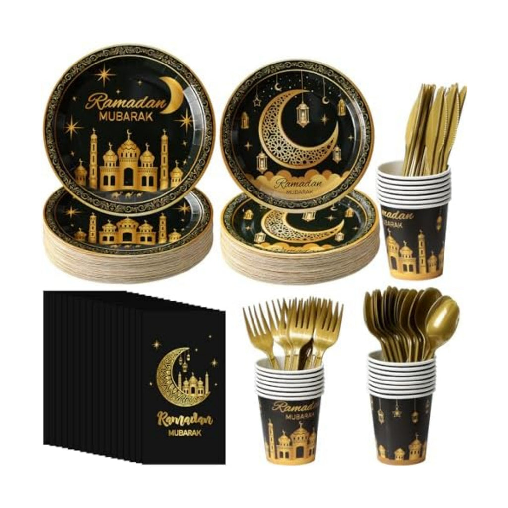 Ramadan Party Supplies Decorations for Home Serve 25, Eid Mubarak Ramadan Black and Gold Plates and Napkins Set, Disposable Paper Plates Napkins Cups Knives Spoons Forks for Ramadan Party Decorations