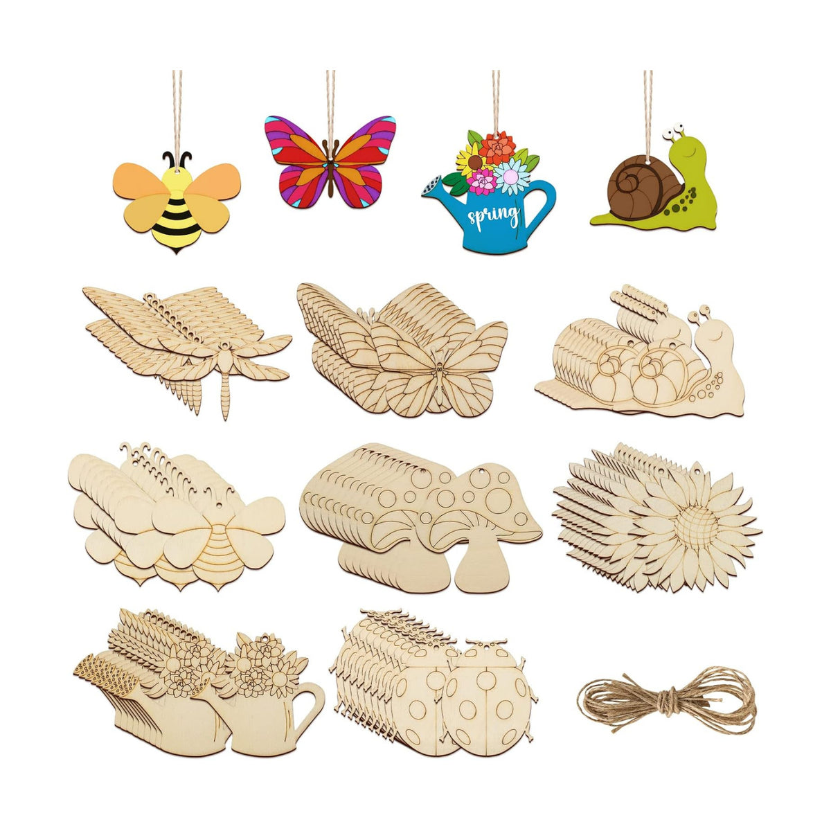 80PCS Wooden Spring Ornaments to Paint, 8 Styles DIY Blank Unfinished Wood Cutouts Ornament for Home Crafts Hanging Decorations, Insect Dragonfly Butterfly Snail Watering Can Mushroom Flower Shape