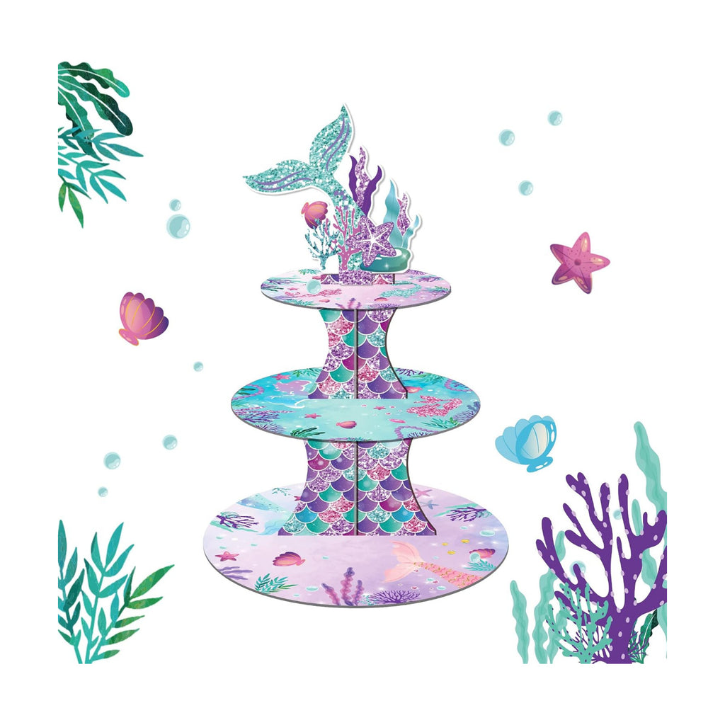 Large 3-Tier Mermaid Cupcake Stand 12Inch Cardboard Cupcake Tray for Wedding Birthday Baby Shower Mermaid Birthday Party Supplies