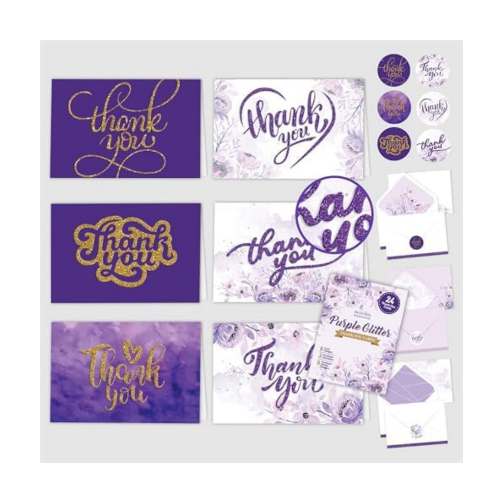 Decorably 24 Pack Glittery 6x4in Purple Thank You Cards with Envelopes