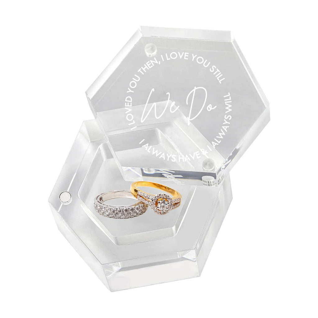 Engraved Wedding Ring Boxes for Ceremony Acrylic Ring Bearer Box for Wedding Proposal Engagement (Hexagon D)