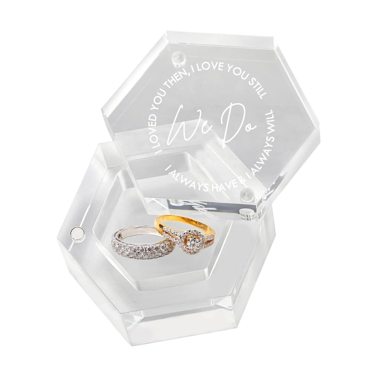 Engraved Wedding Ring Boxes for Ceremony Acrylic Ring Bearer Box for Wedding Proposal Engagement (Hexagon D)