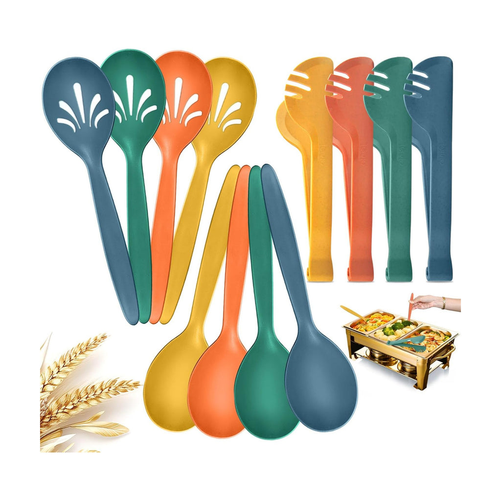 Reusable Plastic Serving Utensils Set of 12, 10" Wheat straw Large Serving set Serving Spoons/Slotted Spoons/Tongs, for Party Buffet Catering (Orange/Blue/Yellow/Green, Not for Cooking)