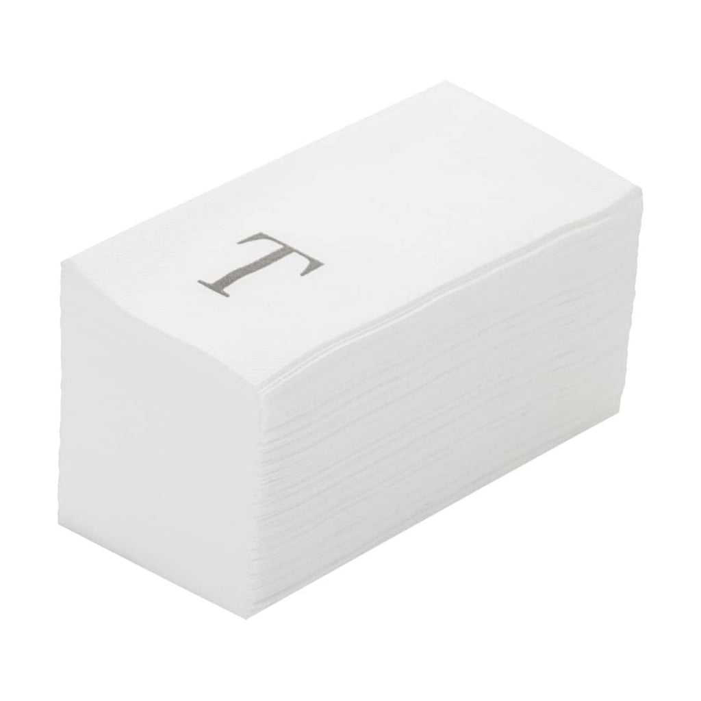 Luxenap 15.8 X 7.9 Inch Linen-Feel Guest Towels, 50 Lettered Hand Towels - Silver Letter 'T', Sans Serif Font, White Paper Dinner Napkins, airlaid, For Restrooms And Tables - Restaurantware