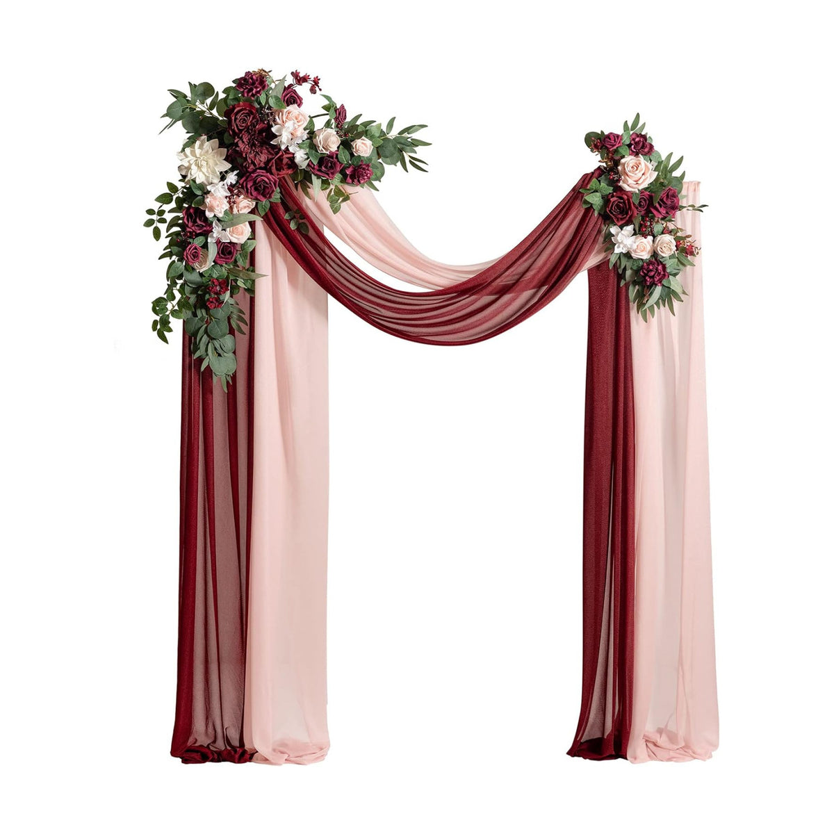 Ling's moment Red Pink Blush Artificial Wedding Arch Flowers Kit Pack of 4, 2pcs Hanging Flower Arrangement 2pcs Chiffon Drapes Ceremony Reception Fake Rose Arbor Backdrop Floral Party Outdoor Decor