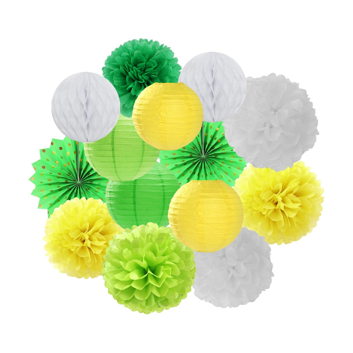 Yellow-White Green Party-Decorations Streamers-Lanterns - 14pcs Spring Summer Garden Tea Paper Fan,Birthday Baby Bridal Shower Wedding Tissue Pom Poms,Classroom Honeycomb Balls Decor Lasting Surprise