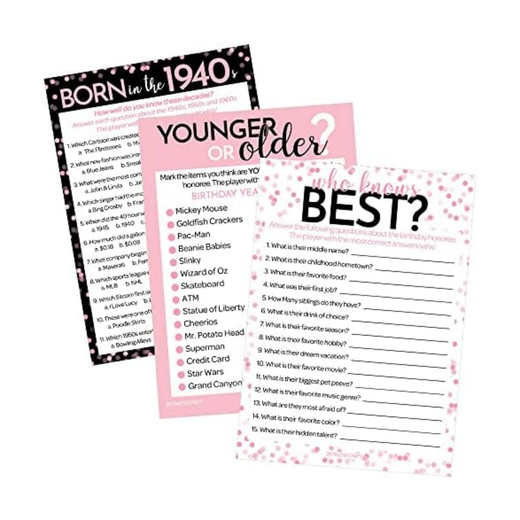 Pink and Black 80th Birthday Games Set, Born in the 1940s, 20 Guests