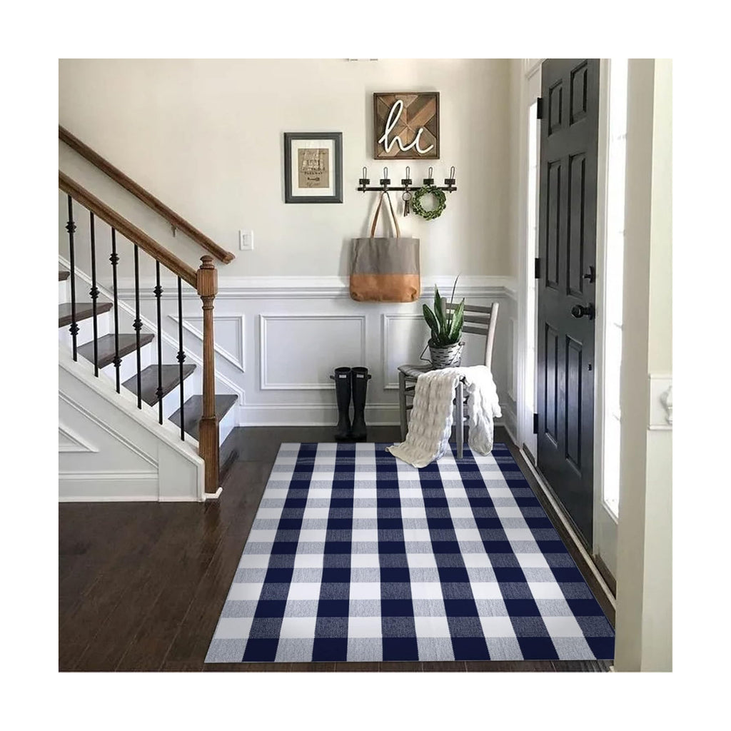 SEEKSEE Buffalo Plaid Rug 4' x 6' Navy Blue and White Large Front Door Mat, Layering Area Rug, Washable Rug for Outdoor Patio Entryway Indoor Living Room Kitchen Dining Room Decor