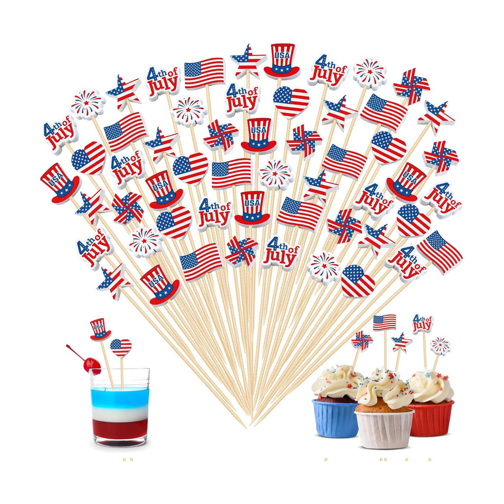 Aodaer 200 Pieces 4th of July Mini American Patriotic Cocktail Picks Independece Day Toothpicks Cocktail Sticks Wooden Cupcake Toppers for Food Fruit Sandwich Appetizer Drinks Party Decoration