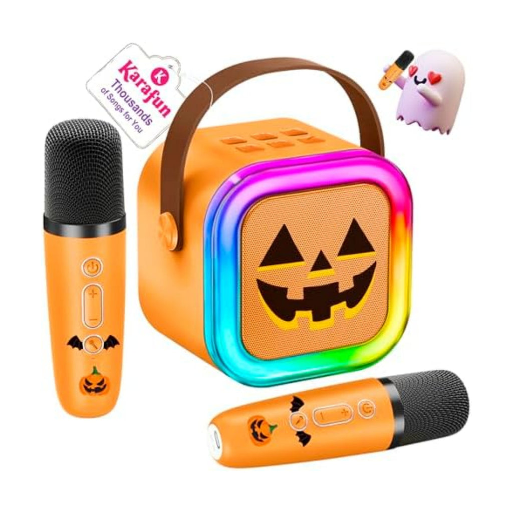 IROO Mini Karaoke Machine for Kids, Halloween Party Supplies & 2025 TOP Toy Gifts Ideas for Girls Boys Ages 4-12, Portable MP3 Player with 2 Wireless Mics for Birthday Christmas Singing Games（Pumpkin）