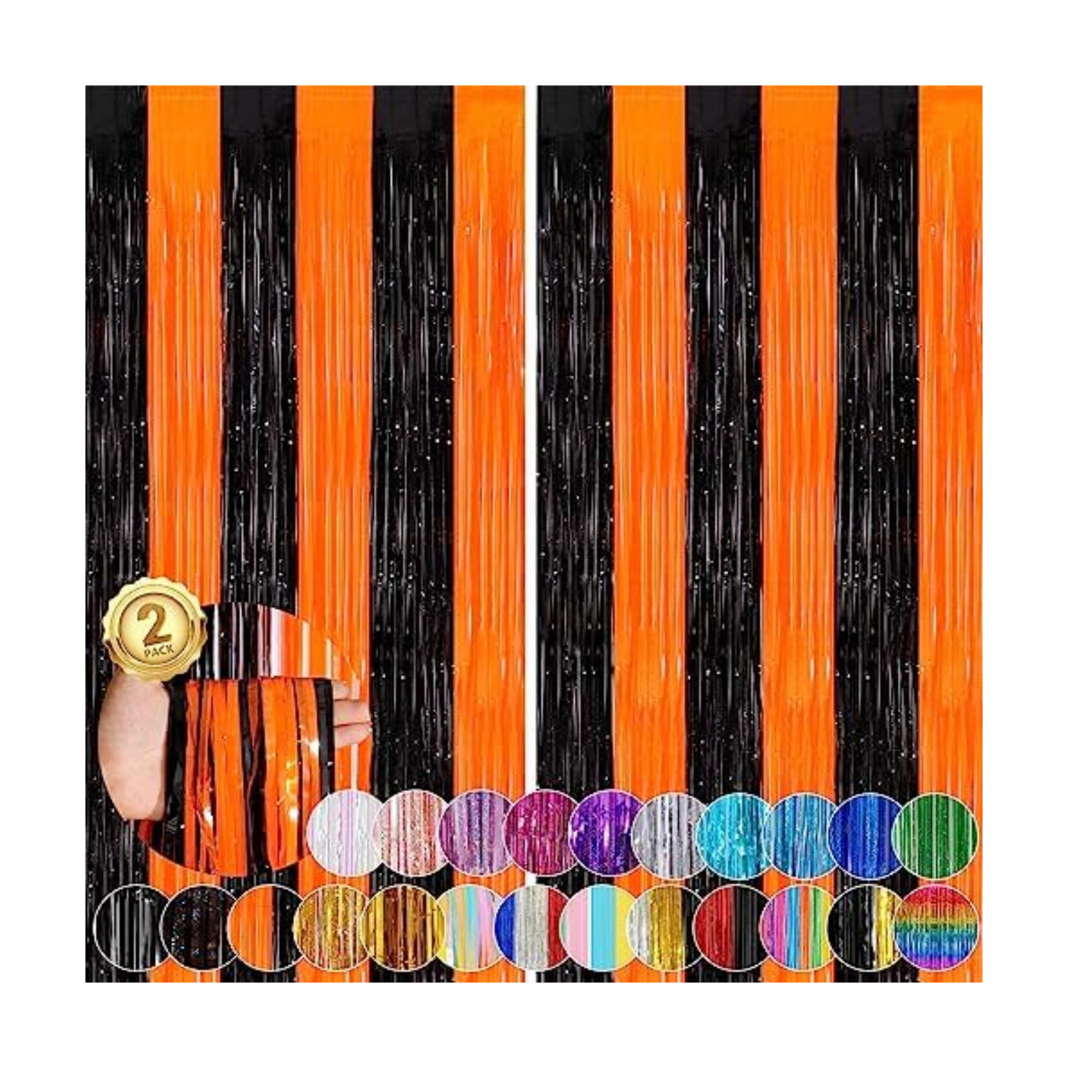 Black Orange Halloween Backdrop, 2 Pack Tinsel Foil Fringe Curtains