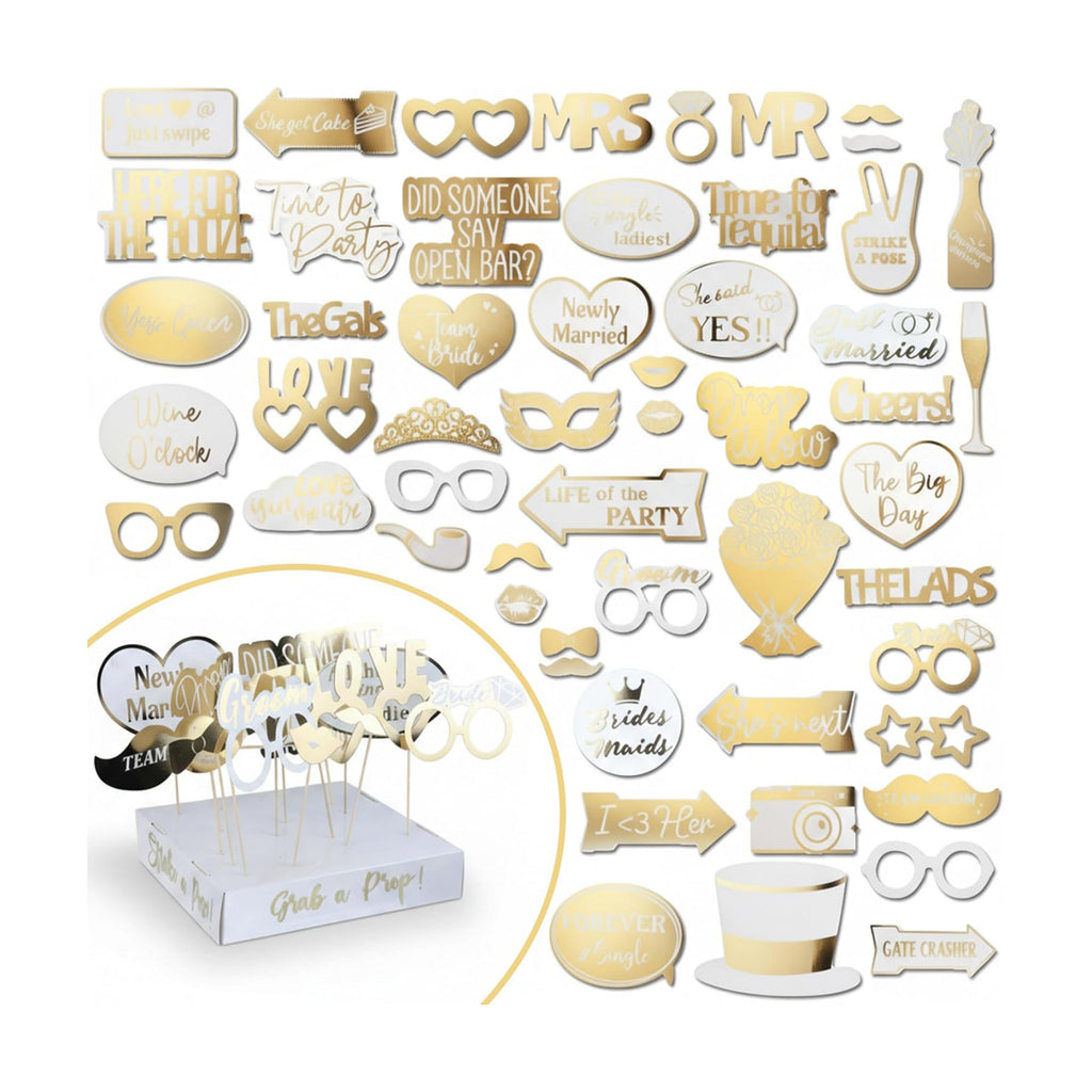 SOUL SHIFT 60PCs Fully Assembled Wedding Photo Booth Props - Prop Stand - Gold Signs - Elegant Wedding & Reception Party Supplies- Funny Wedding Props -Gold Foil Print – Bridal PhotoBooth