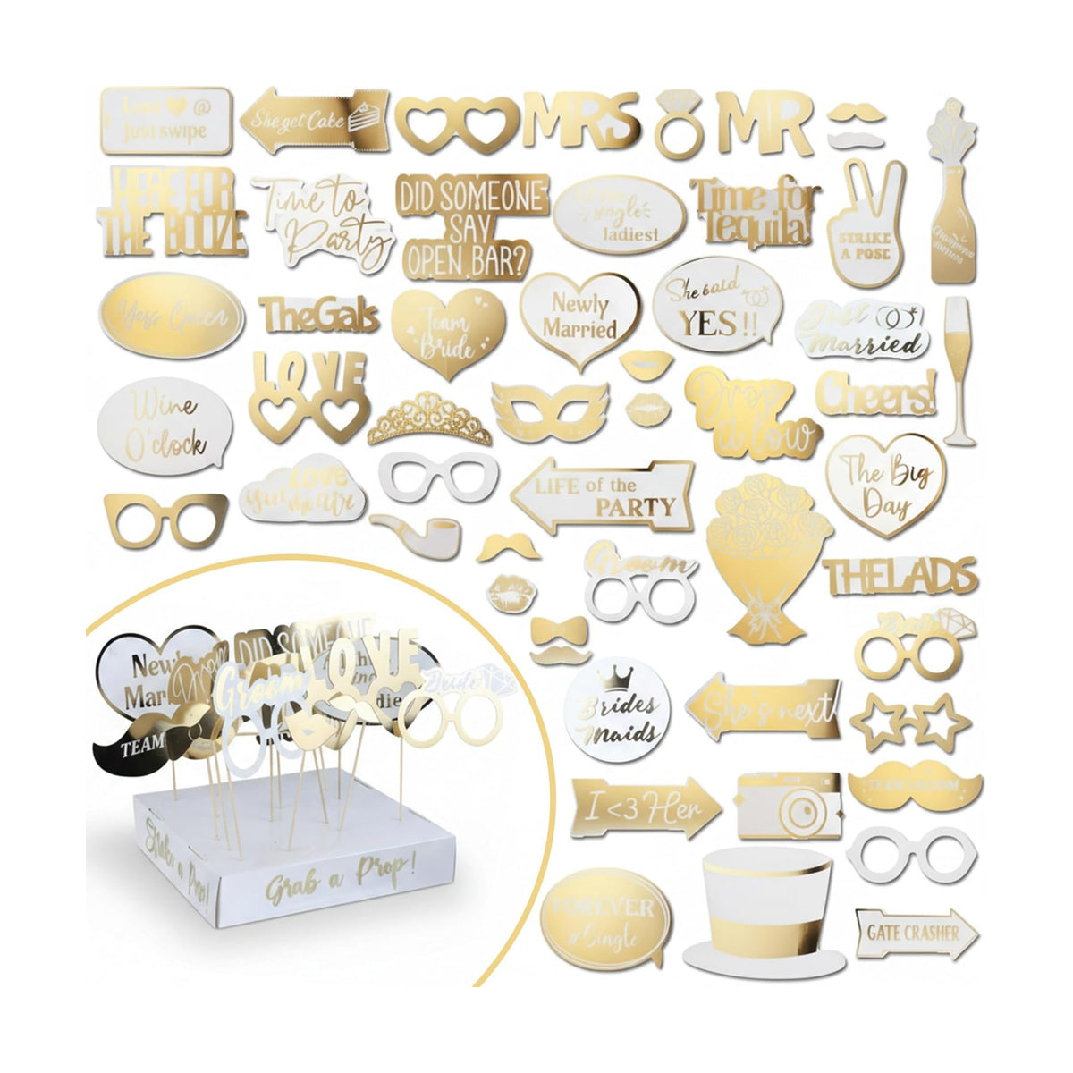 SOUL SHIFT 60PCs Fully Assembled Wedding Photo Booth Props - Prop Stand - Gold Signs - Elegant Wedding & Reception Party Supplies- Funny Wedding Props -Gold Foil Print – Bridal PhotoBooth