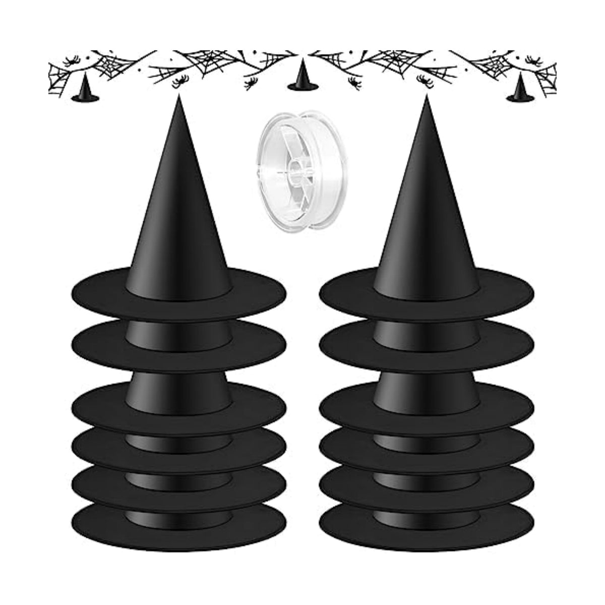 Riare 12pcs Halloween Black Witch Hats- Floating Hanging Witches Hats with 98 Feet Hanging Rope, Costume Witch Accessory for Halloween Yard Party Decoration