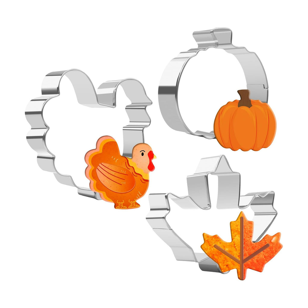 Fall Thanksgiving Cookie Cutters, 3PCS Large 3.2" to 3.6" Stainless Steel Autumn Cookie Cutters Fall Theme Holiday Shapes of Turkey, Maple Leaf, Pumpkin for Home Baking Kit Birthday Party Supplies