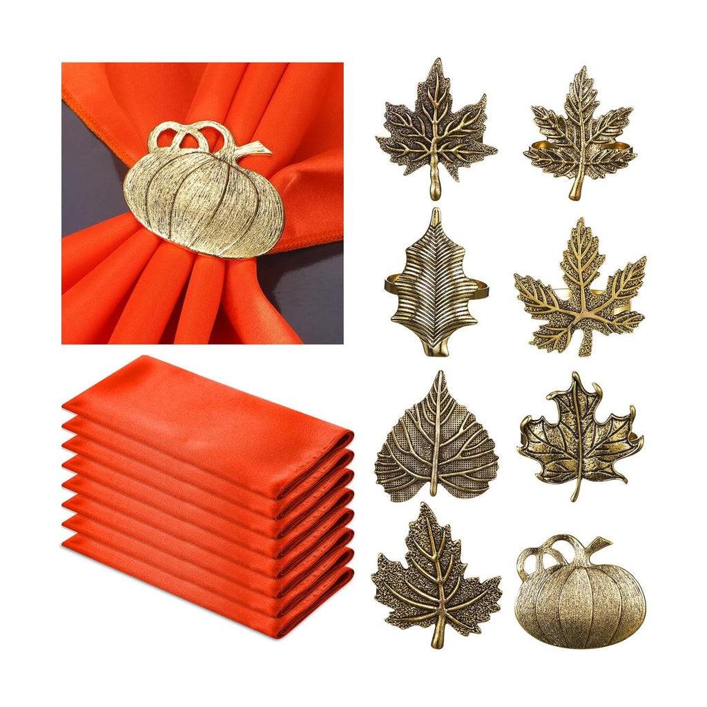 8 Sets Fall Thanksgiving Napkin Rings and Cloth Napkins, Pumpkin