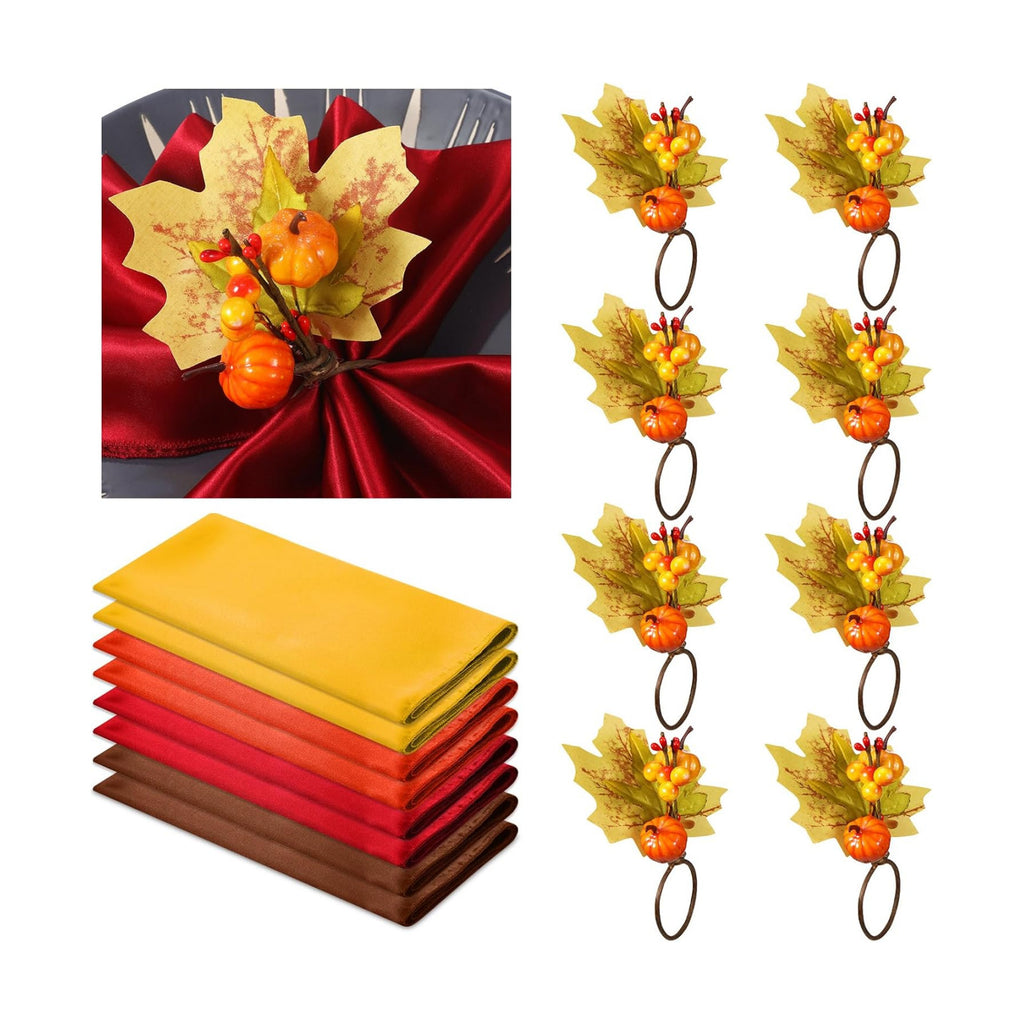 8 Sets Fall Thanksgiving Napkin Rings and Cloth Napkins, Harvest