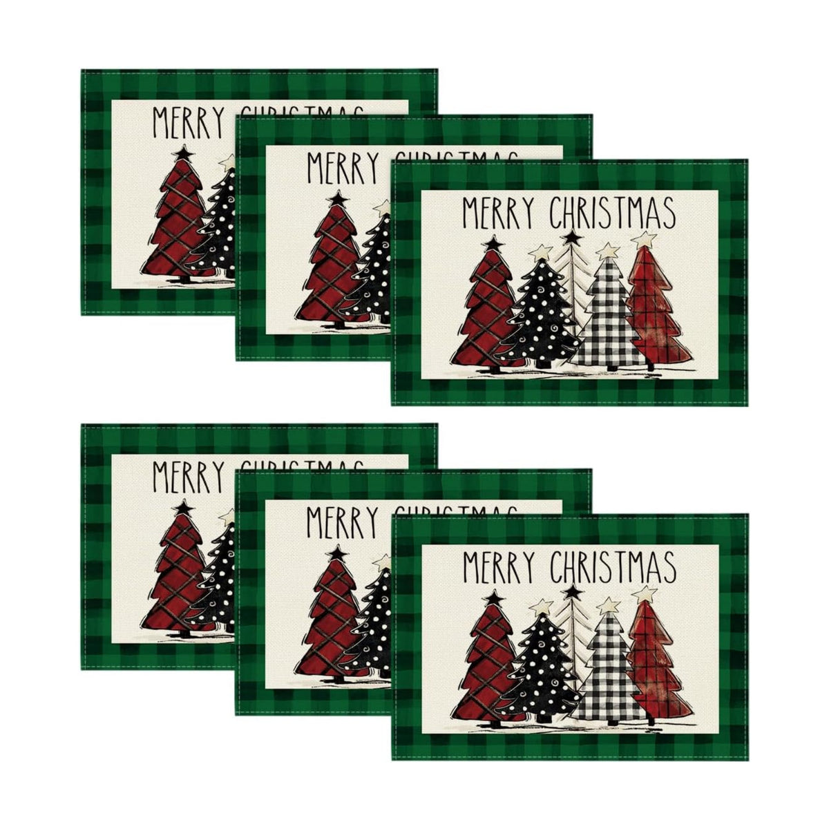 Artoid Mode Waterclor Green Buffalo Plaid Christmas Trees Placemats Set of 6, 12x18 Inch Winter Table Mats for Outdoor Home Party Kitchen Dining Decor