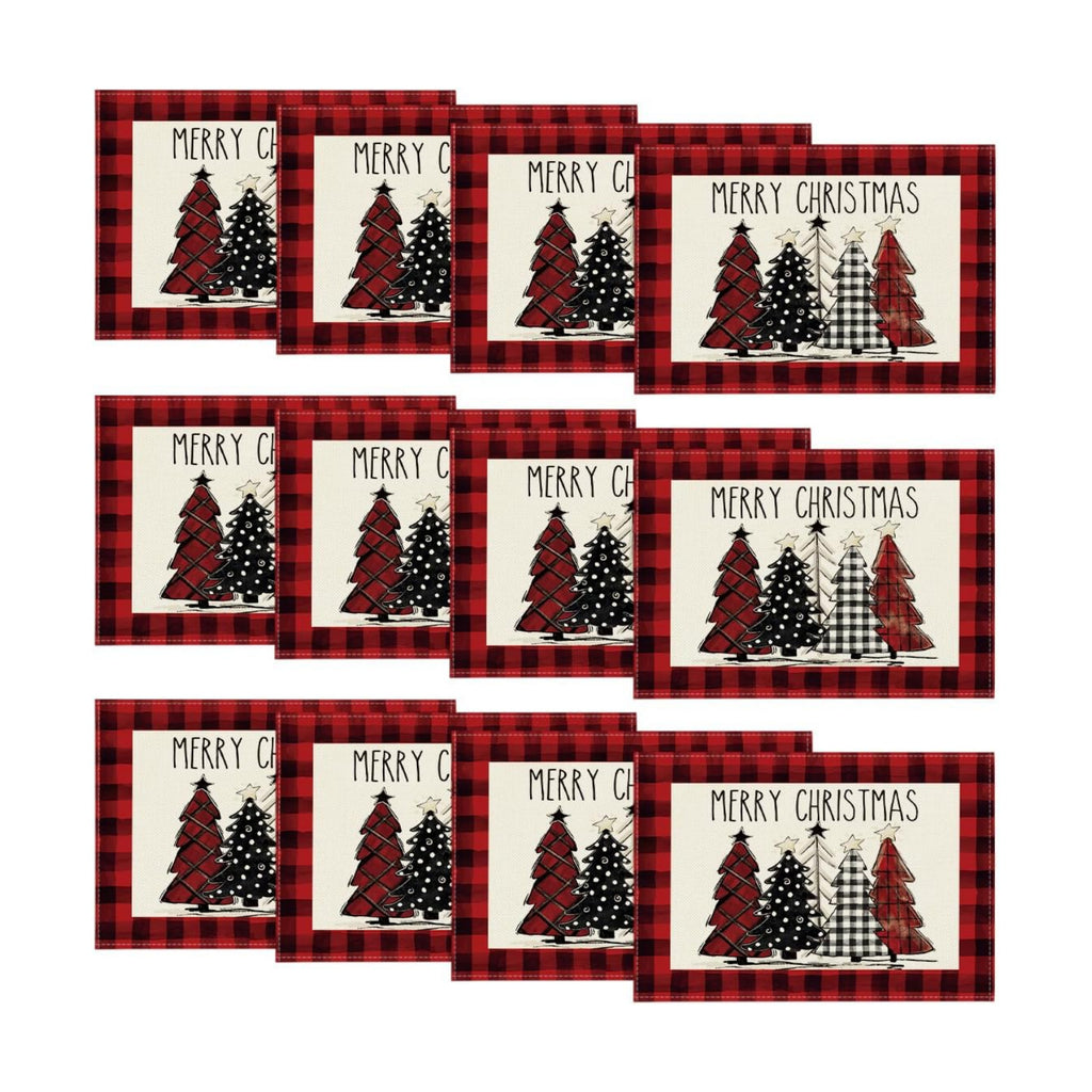 Artoid Mode Red and Black Buffalo Plaid Christmas Trees Placemats Set of 12, 12x18 Inch Winter Table Mats for Outdoor Home Party Kitchen Dining Decor