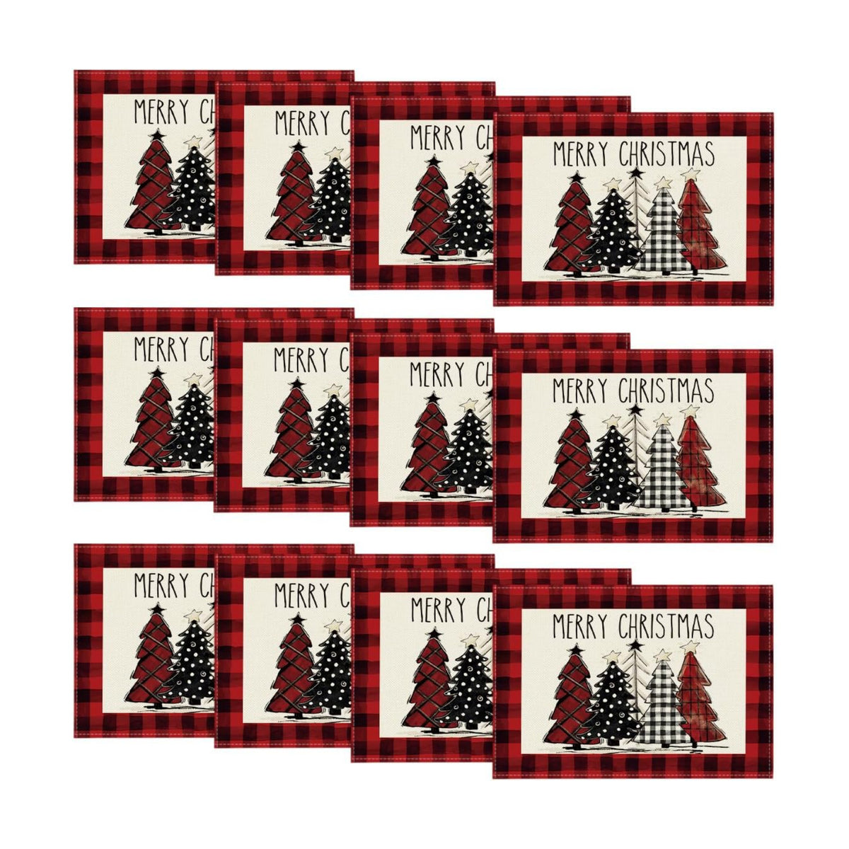 Artoid Mode Red and Black Buffalo Plaid Christmas Trees Placemats Set of 12, 12x18 Inch Winter Table Mats for Outdoor Home Party Kitchen Dining Decor