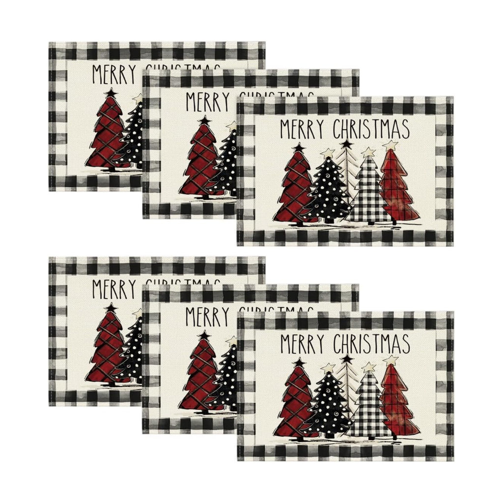 Artoid Mode Waterclor Buffalo Plaid Christmas Trees Placemats Set of 6, 12x18 Inch Winter Table Mats for Outdoor Home Party Kitchen Dining Decor