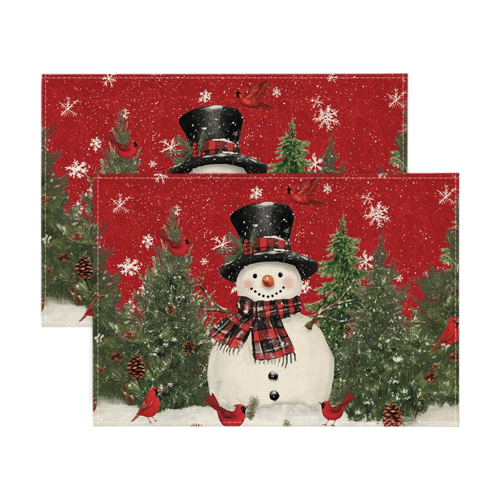Artoid Mode Red Snowman Trees Bird Christmas Placemats Set of 4, 12x18 Inch Seasonal Winter Table Mats for Party Kitchen Dining Decoration