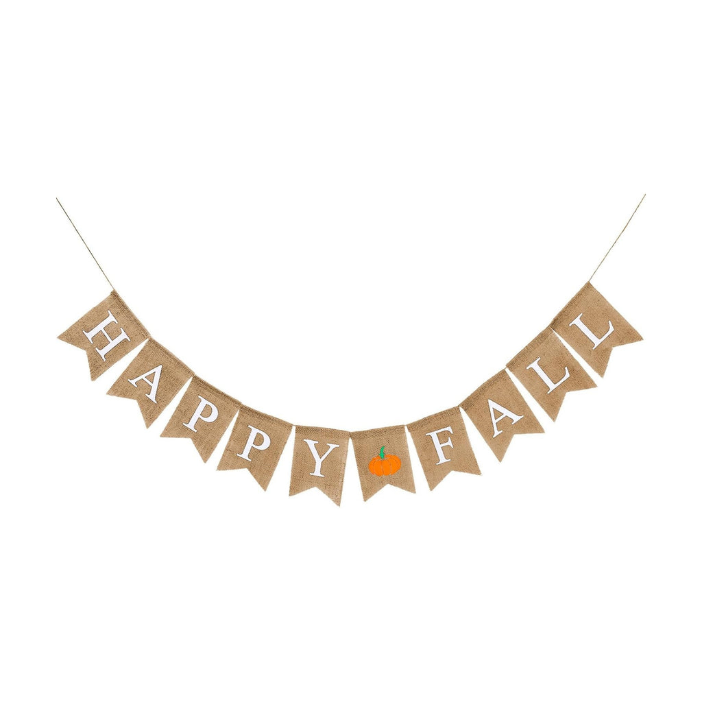Whaline Happy Fall Pumpkin Burlap Banner Harvest Home Decor Bunting Flag Pre-Assembled Autumn Hanging Garland Party Thanksgiving Day Decoration (White)