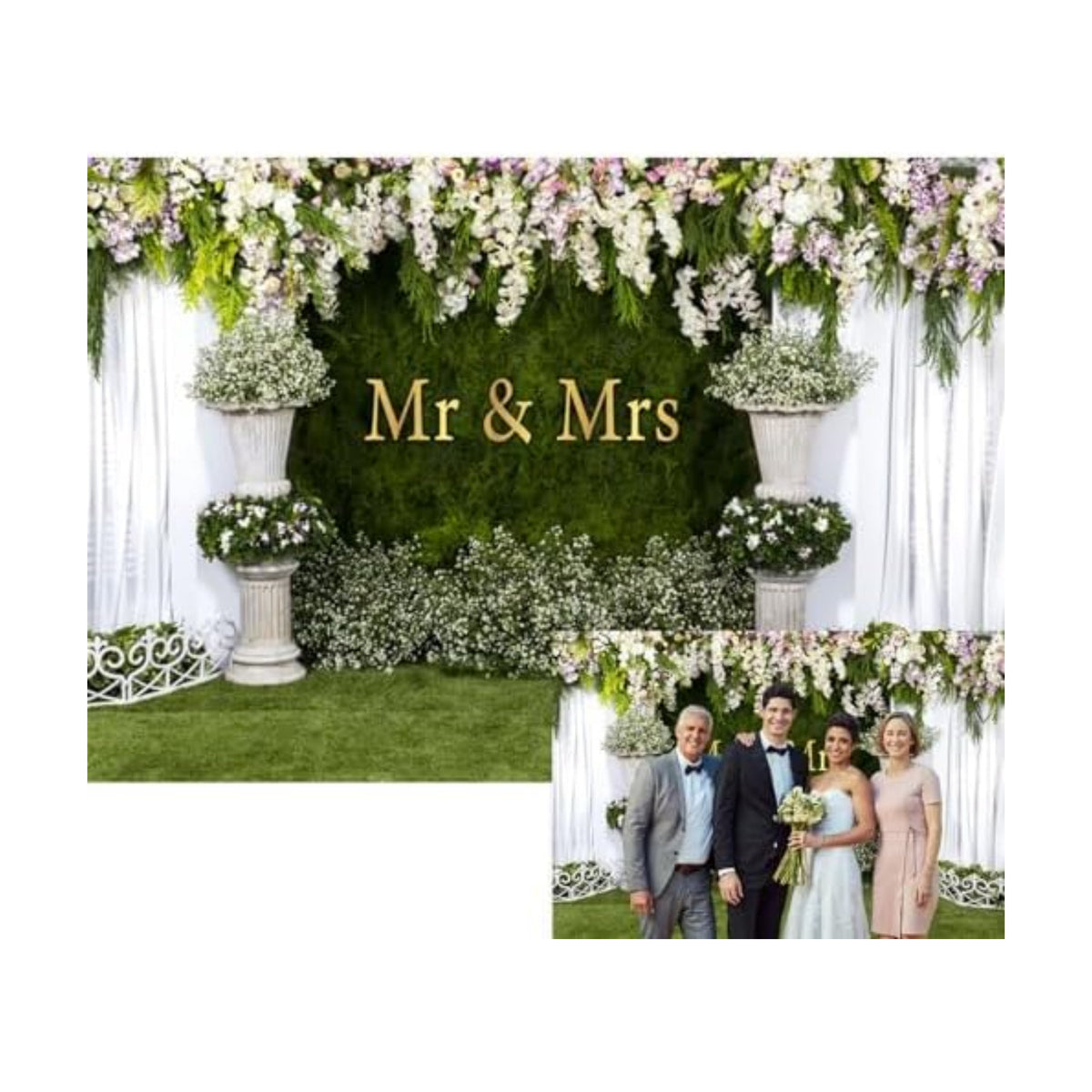 YongFoto Mr and Mrs Wedding Party Backdrop 7x5ft Floral Grass Wall White Sheer Curtain Flower Arch Photography Background Lover Marriage Proposal Bridal Shower Reception Photo Booth Props Banner