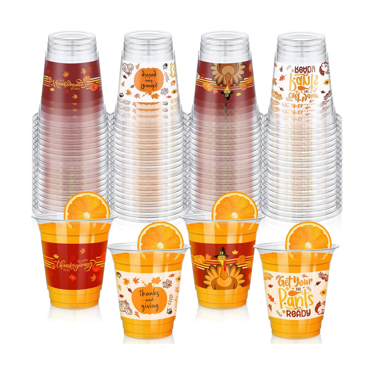 Uiifan 60 Pcs Thanksgiving Disposable Cups 12 oz Plastic Cups Bulk Turkey Pumpkin Tumblers Clear Fall Plastic Cups Bulk for Liquor Coffee Juice Autumn Harvest Thanksgiving Day Wedding Party Supplies