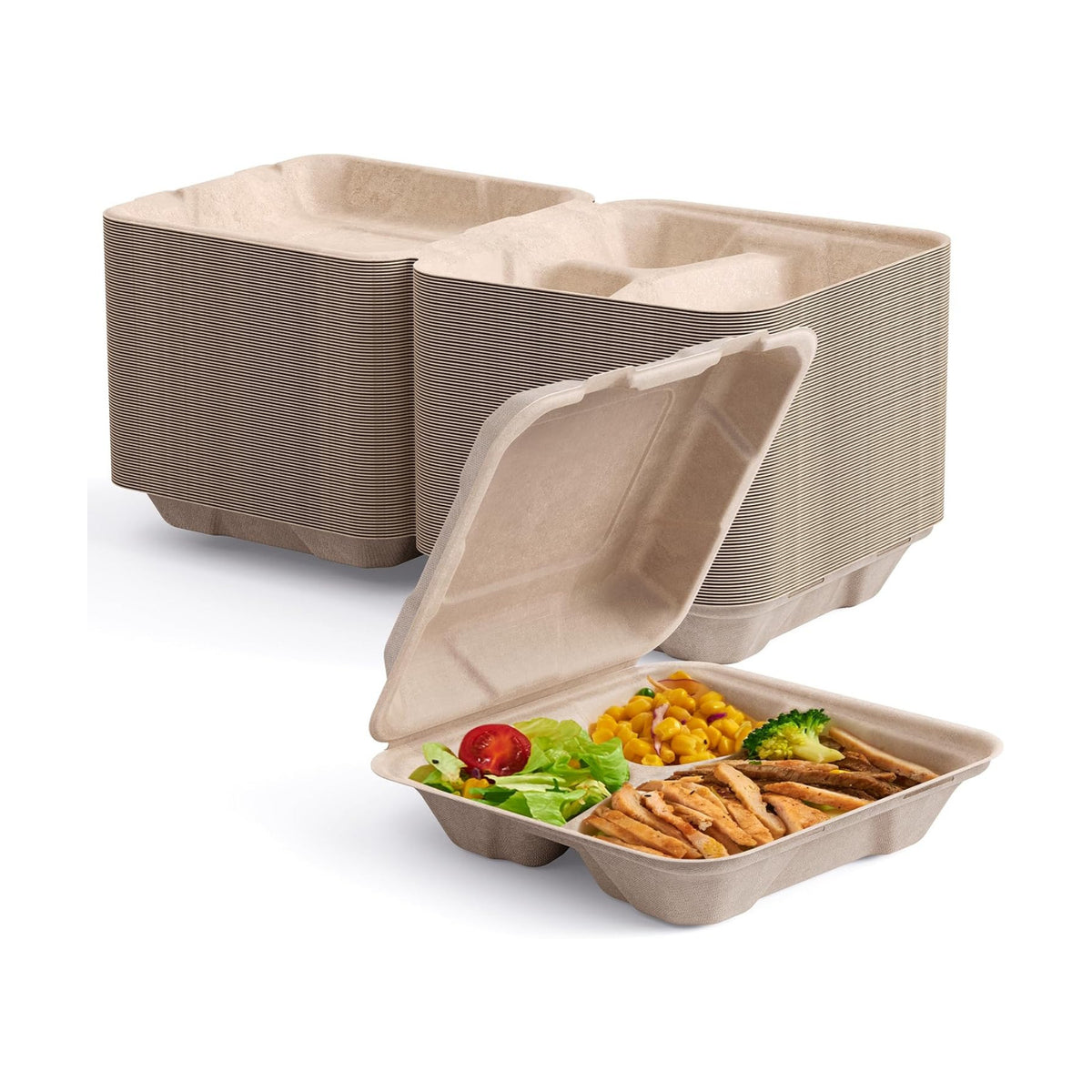 ECOLipak 50 Pack Compostable Take Out Food Containers, 8 inch,3 Compartment