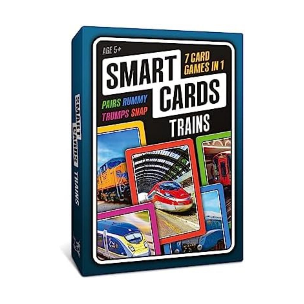SMART CARDS Trains Card Game. 50 Cards, 7 Games; Pairs, Snap, Trumps, Rummy, Train Trivia Facts Quiz. Top Travel Games, Gift, Stocking Stuffer, Age 5+, 1-8 Players