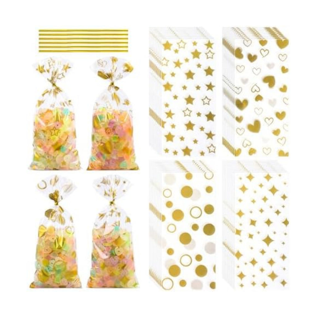 COQOFA 100 Pcs Gold 5"X11" Gift Wrap Cellophane Treat Bags Clear Party Favor Candy Cookie Bags Plastic Goodie Storage Bag with Twist Ties for Birthday, Wedding,Party Decorations(4 Patterns)