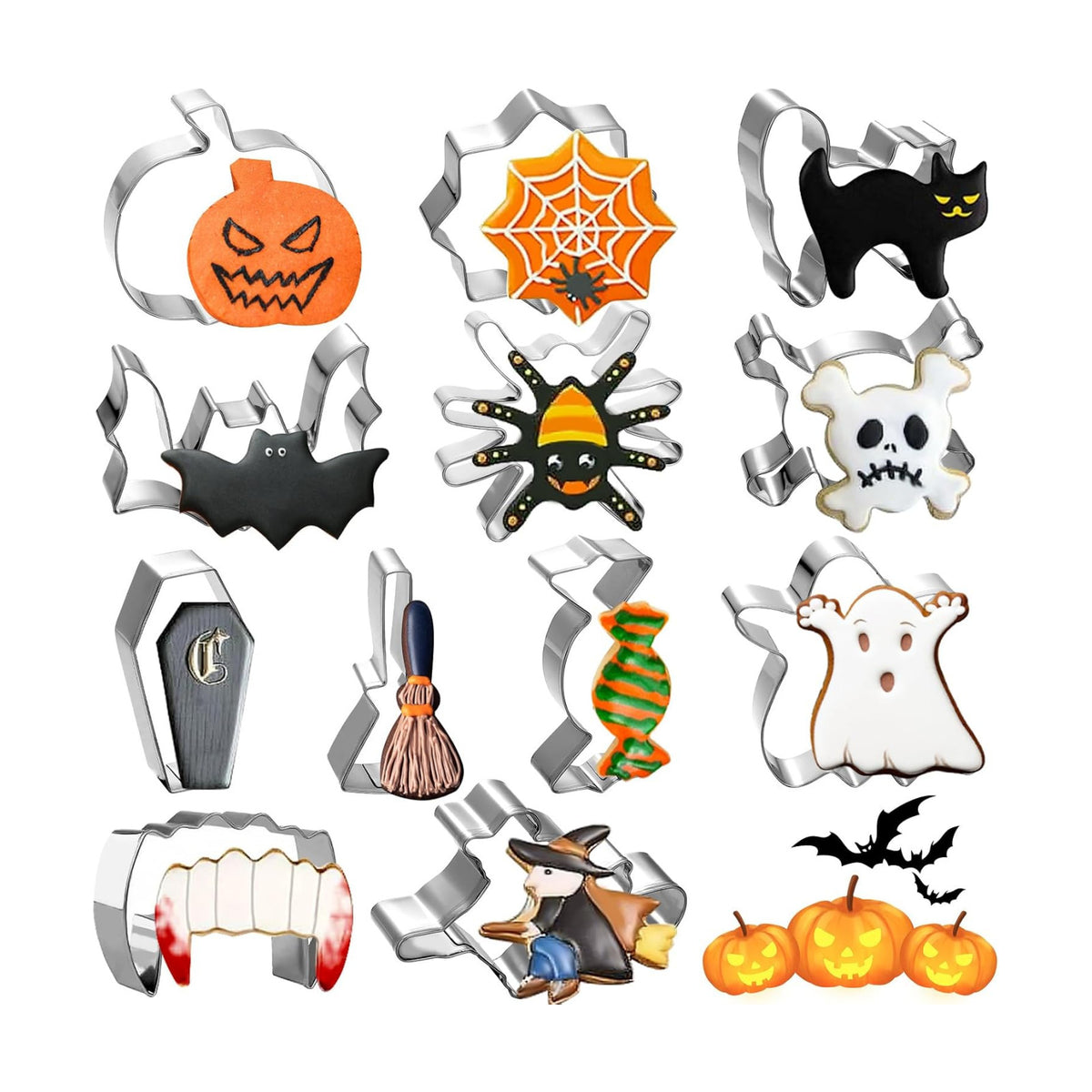 Halloween Cookie Cutters, 12 pieces Cookie Cutters Shape Set Stainless Steel Biscuit Cutters Mold with Pumpkin, Cat, Ghost, and More for DIY Halloween Food Party Baking Decorations Supplies