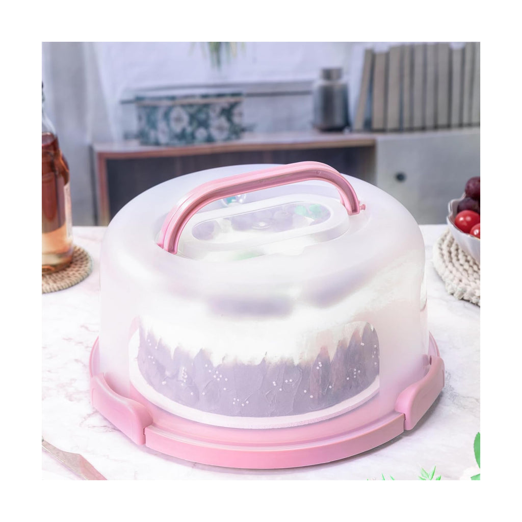 10in Plastic Cake Carrier with Handle, Round Cake Holder with Lid Pink Cake Container for 6in/8in/10in Cake(pink)