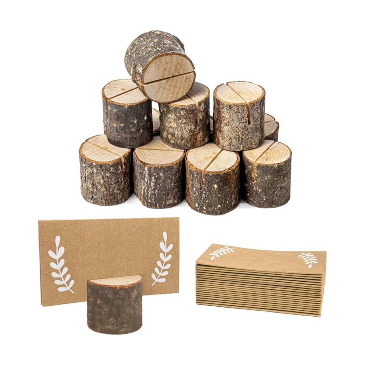 12Pcs Rustic Wood Place Card Holders with 15Pcs Kraft Place Cards, Wooden Tables Number Holder, Table name card holders Photo Clips, for thanksgiving Wedding Birthday Party.