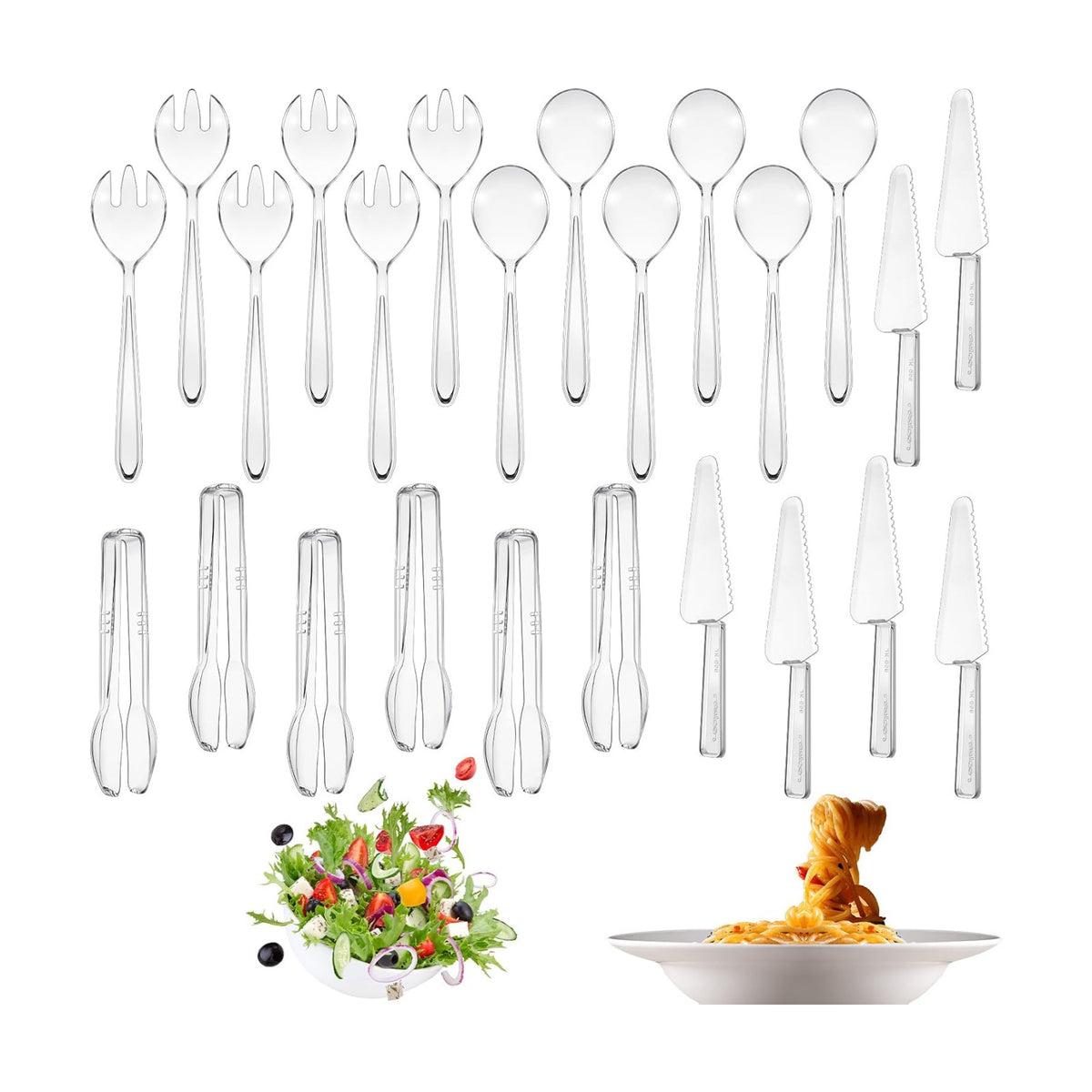24 Pcs Disposable Plastic Serving Utensils Set Spoons Forks, Clear